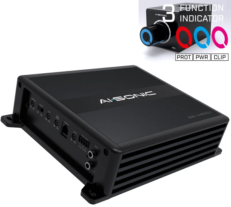 AI-Sonic S2-A500.1 + bouton de basses S2 – Amplificateur mono 500 WRMS 1 Ohm