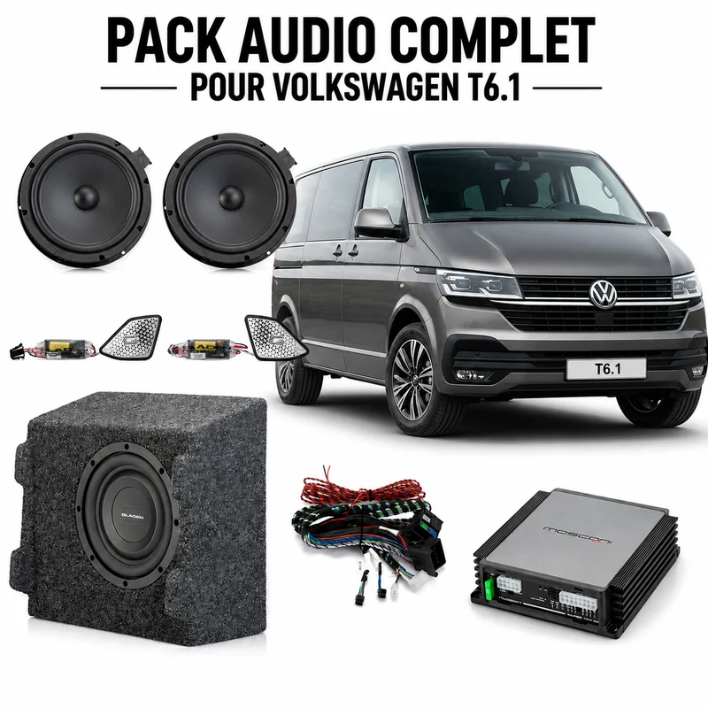 Gladen Mosconi SoundUp VW T6.1 – Kit Audio Plug & Play DSP 4 Canaux avec Caisson de Basses et Haut-Parleurs Gladen Apperance