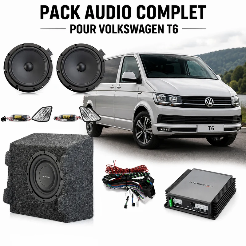 Gladen Mosconi SoundUp VW T6 – Kit Audio Plug & Play DSP 4 Canaux avec Caisson de Basses et Haut-Parleurs Gladen Apperance