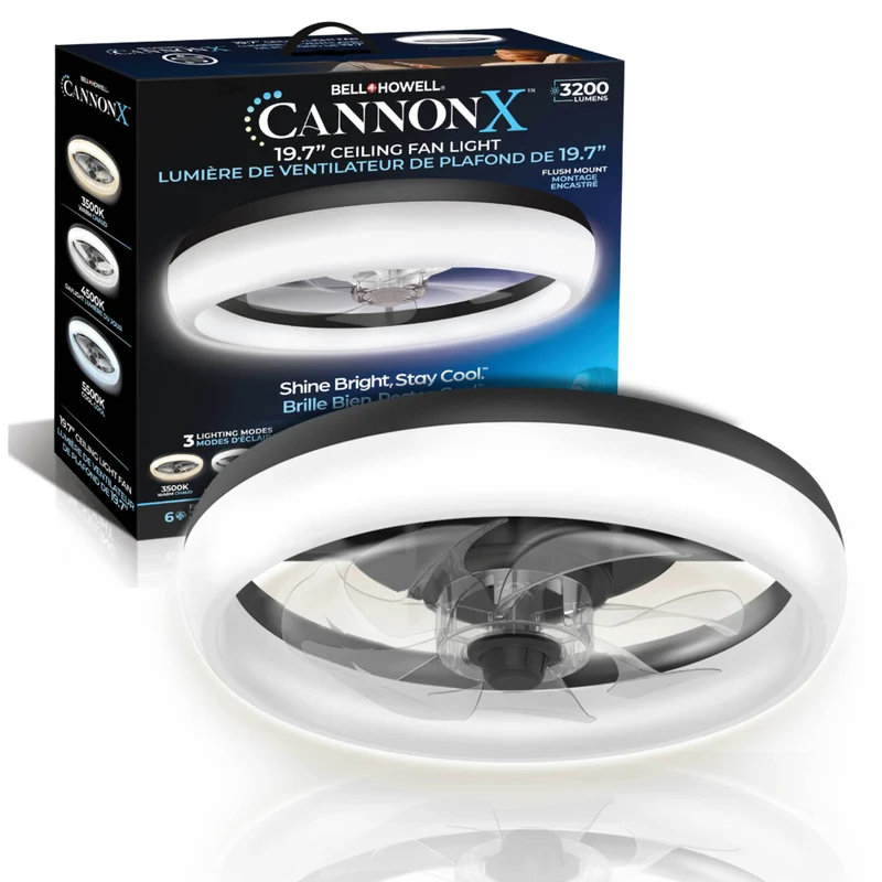 Bell+Howell - Ventilateur de plafond CannonX à profil bas de 50 cm (19,7 po) avec éclairage et télécommande - Noir
