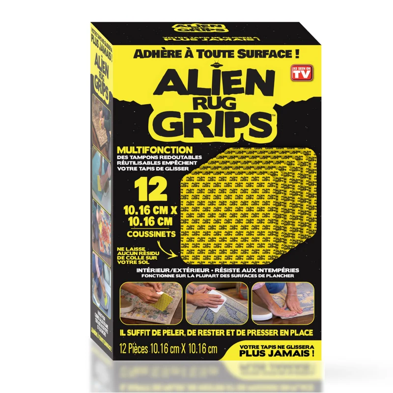 Alien Grips - Coussinets antidérapants réutilisables double face pour tapis et planchers, 4 po x 4 po - blanc - paquet de 12