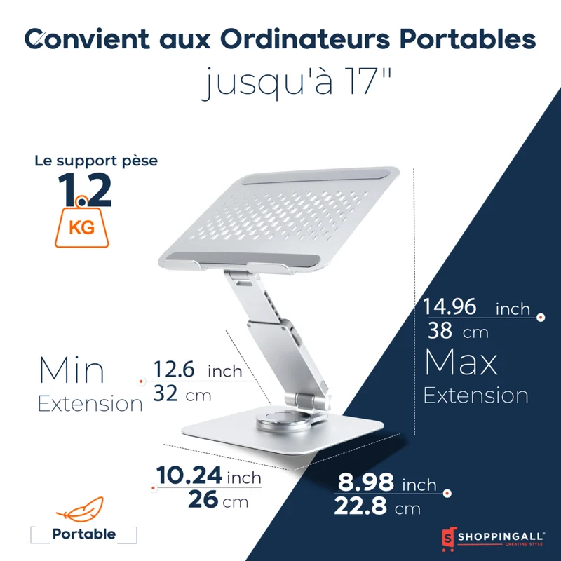 ShoppingAll - Support ergonomique réglable en hauteur et en angle pour ordinateur portable jusqu'à 17" - Argent