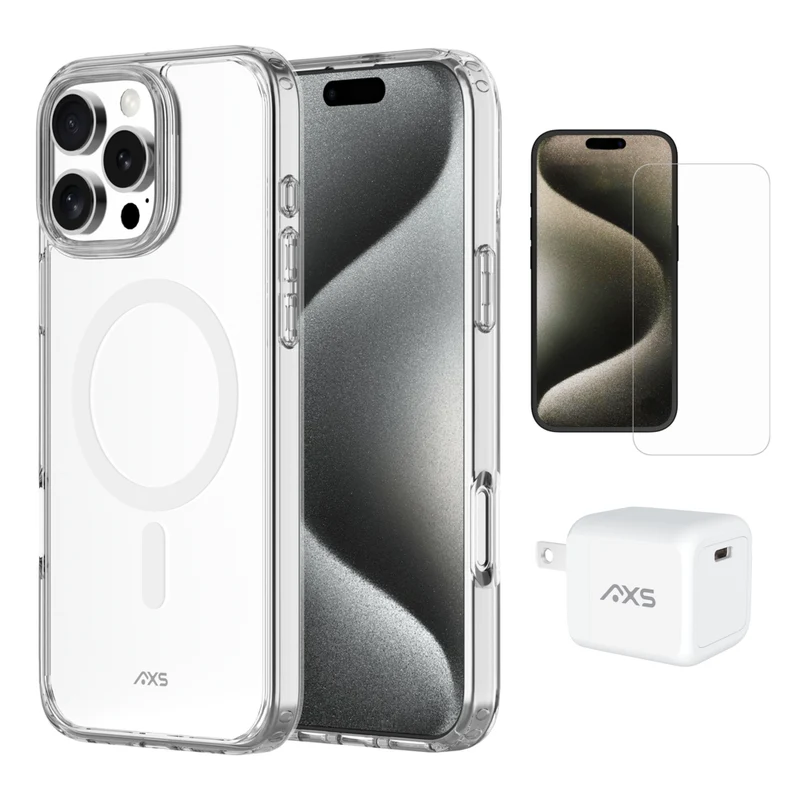 AXS - Ensemble de départ - étui ULTRA CLEAR transparent testé contre les chutes, protecteur d’écran et chargeur 30W pour iPhone 16 Pro Max - Clear