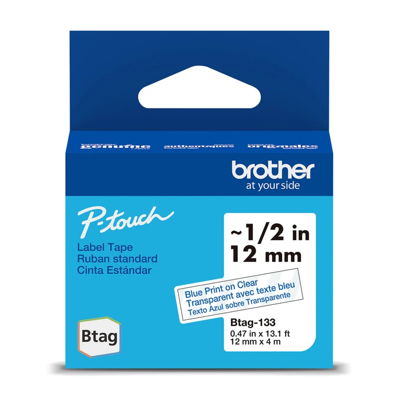 Brother Genuine BTAG133 Label Tape for P-touch Label Makers - Blue on Clear - 12 mm W x 4 m L