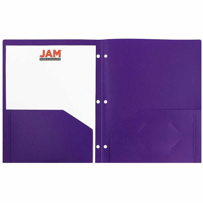 JAM Paper - Dossiers scolaires à deux pochettes - perforateurs à 3 trous - en plastique robuste - violet - Paquet de 6