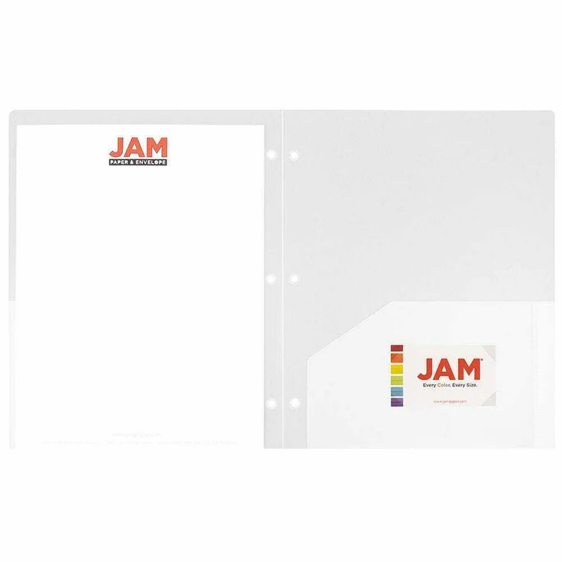 JAM Paper - Dossier scolaire robuste à 3 trous et 2 pochettes - transparent - Paquet de 6