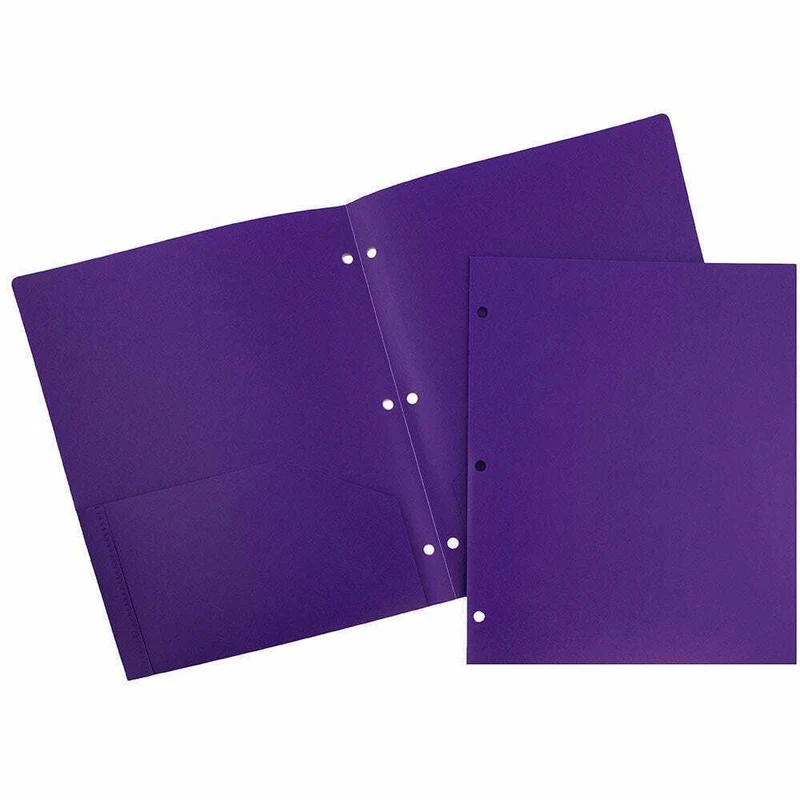 JAM Paper Heavy Duty Plastic 3 Hole Punch Two-Pocket School Folders - Purple - 6 Pack