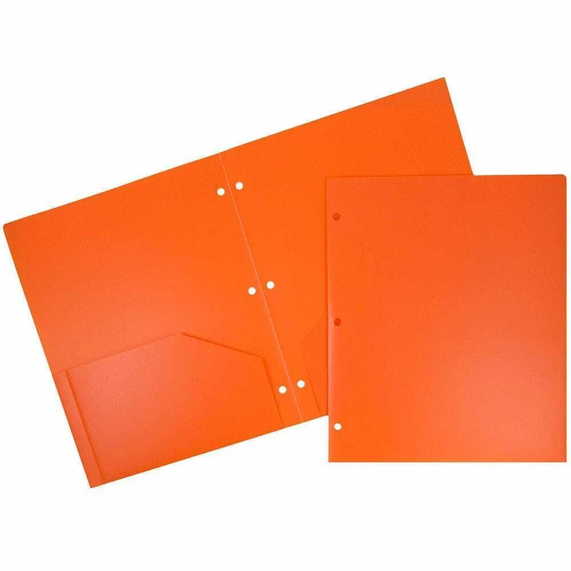JAM Paper Heavy Duty Plastic 3 Hole Punch Two-Pocket School Folders - Orange - 6 Pack