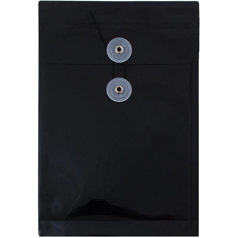 JAM Paper Plastic Envelopes with Button and String Tie - Open End - 6.25" x 9.25" - Black - 12 Pack