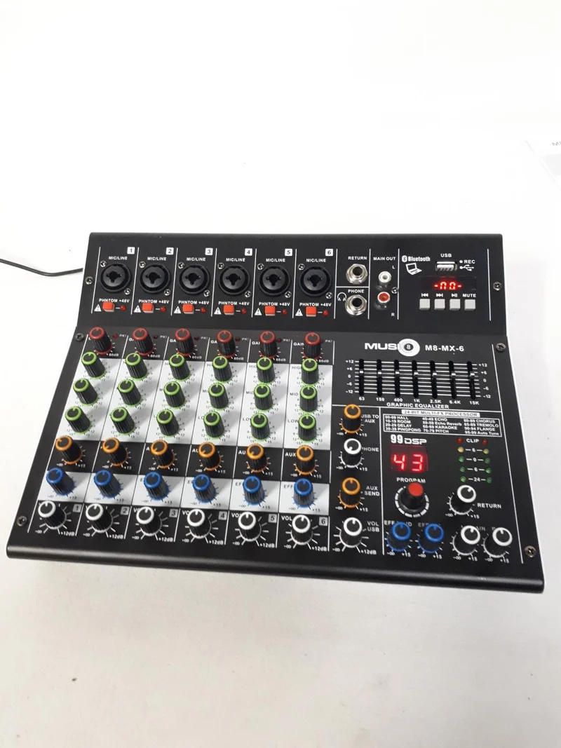 Music8 M8-MX-6 USB 8-Channel Mixing Console / Interface Mixer w/ EQ, DSP, Built-in 48V Phantom Power, MP3 Player, 5V USB Powered for Home Studio Recording DJ Network Live Broadcast or Karaoke - NEW