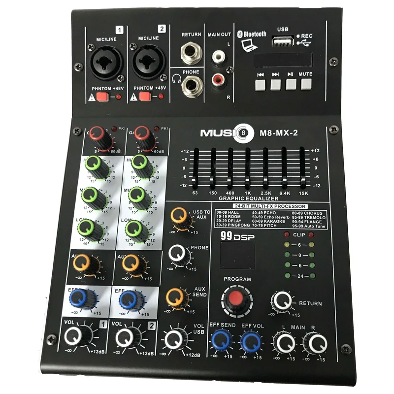 Music8 M8-MX-2 USB 5-Channel Mixing Console / Interface Mixer w/ EQ, DSP, Built-in 48V Phantom Power, MP3 Player, 5V USB Powered for Home Studio Recording DJ Network Live Broadcast or Karaoke - NEW