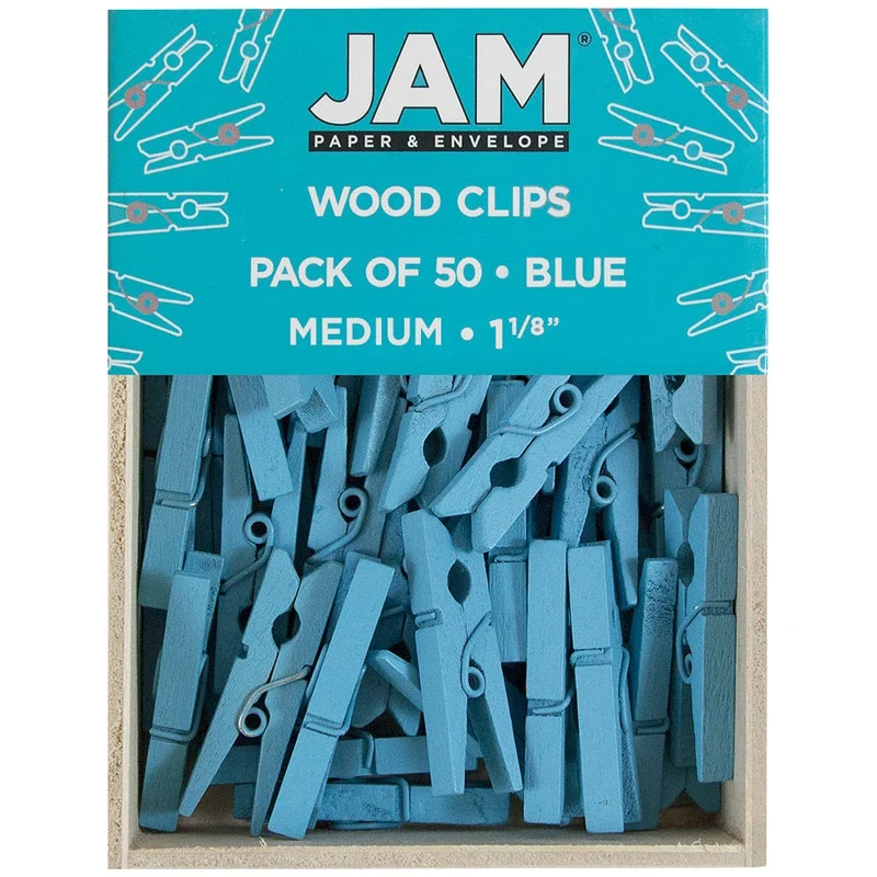 JAM Paper - Pinces à linge en bois - taille moyenne - 2 -8 cm - bleues - 50 pinces à linge par paquet