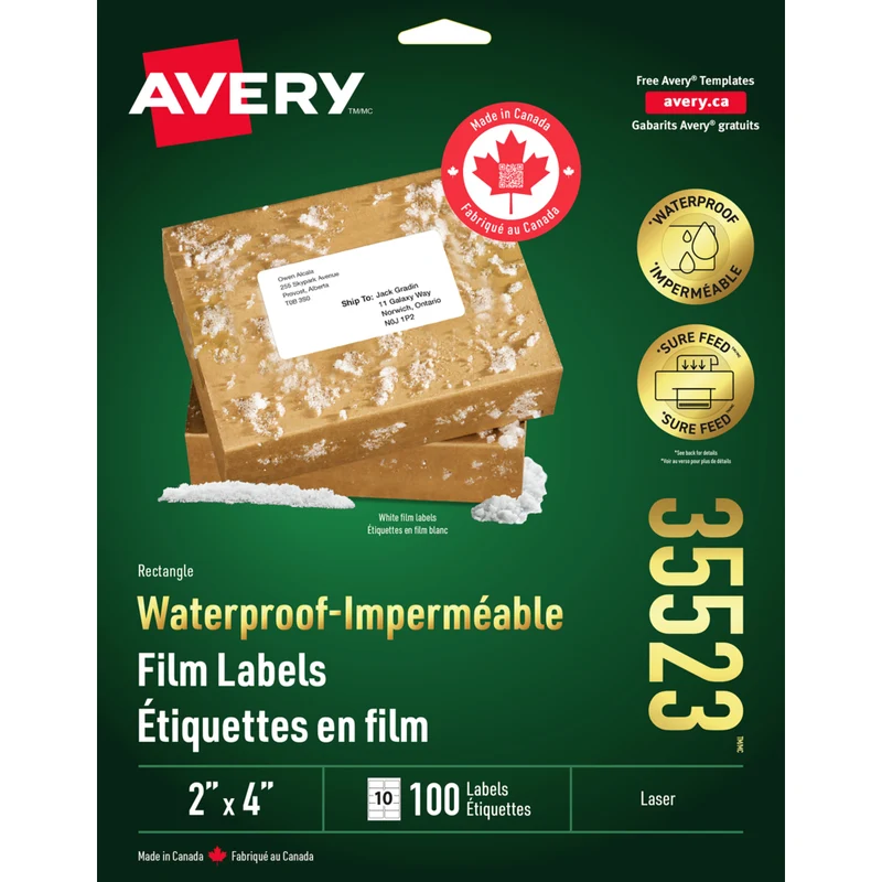 Avery - Étiquettes imperméables rectangulaires - 2po x 4po - Blanc - 100 Étiquettes