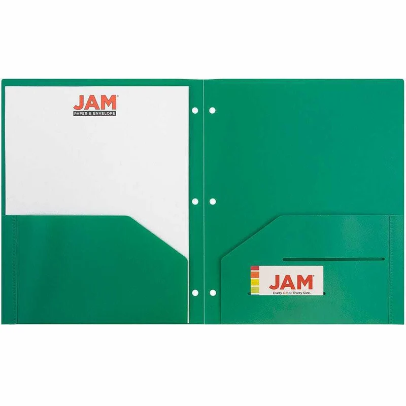 JAM Paper - Dossiers scolaires à deux pochettes - perforateurs à 3 trous - en plastique robuste - vert - Paquet de 6