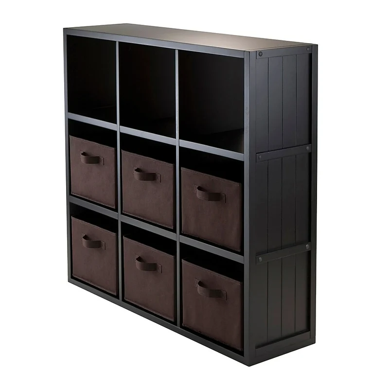 Winsome – Étagère Timothy en panneau de lambris avec 6 paniers pliables, cubes 3 x 3, chocolat, 7 pièces