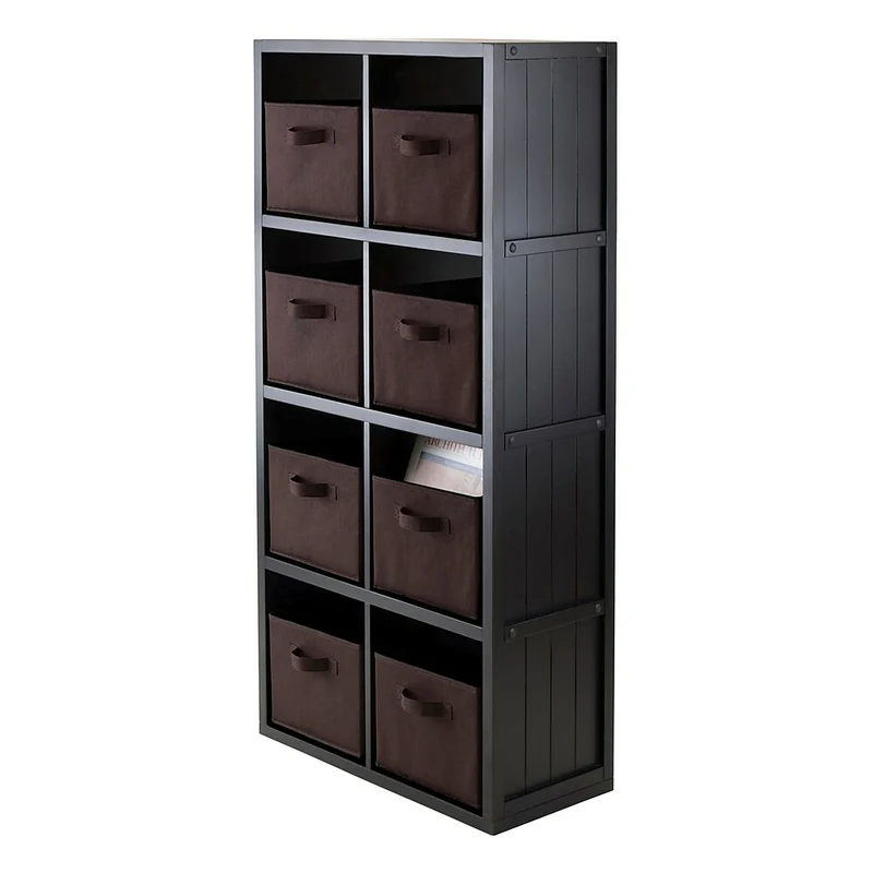 Winsome – Étagère Timothy en panneau de lambris avec 8 paniers en tissu, cubes 4 x 2, chocolat, 9 pièces