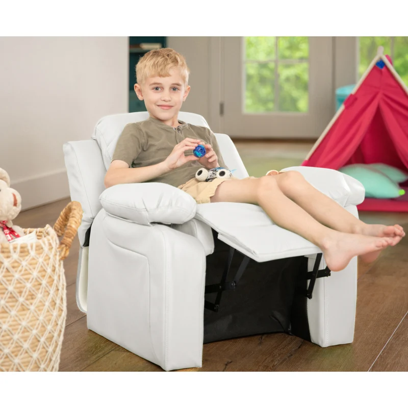 Flash Furniture – Fauteuil inclinable moderne de luxe pour enfants, vinyle, très rembourré, rangement dans les accoudoirs, blanc