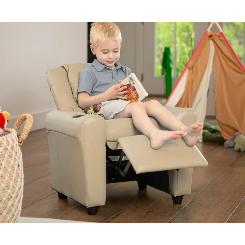Flash Furniture – Fauteuil inclinable pour enfants en vinyle contemporain avec porte-gobelet et appuie-tête, beige