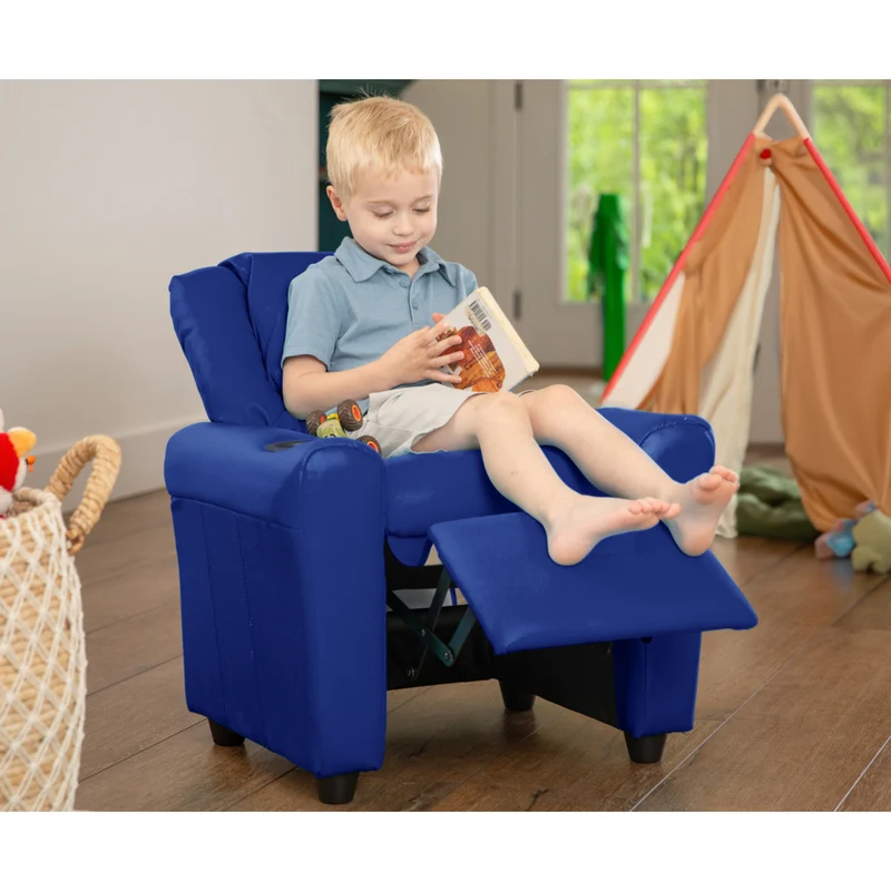 Flash Furniture Contemporary Blue Vinyl Kids Recliner with Cup Holder & Headrest