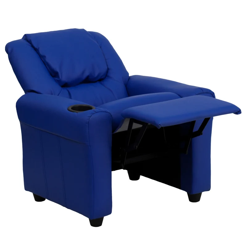 Flash Furniture Contemporary Blue Vinyl Kids Recliner with Cup Holder & Headrest