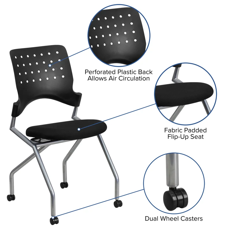 Flash Furniture – Chaises empilables mobiles en tissu rembourré, noir, 2/paquet