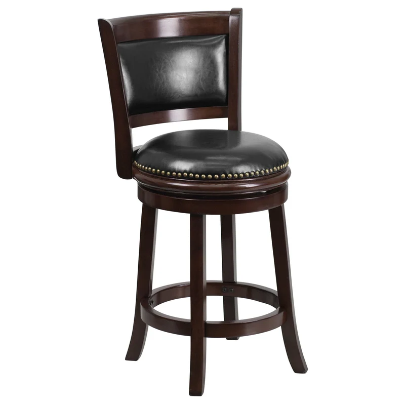 Flash Furniture 24" High Cappuccino Wood Counter Height Stool with Panel Back & Black LeatherSoft Swivel Seat