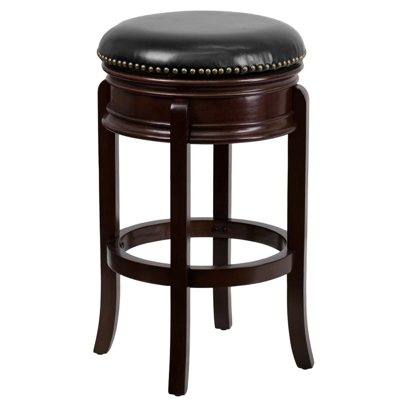 Flash Furniture 29" High Backless Wood Barstool with Carved Apron & Black Leather Swivel Seat - Cappuccino