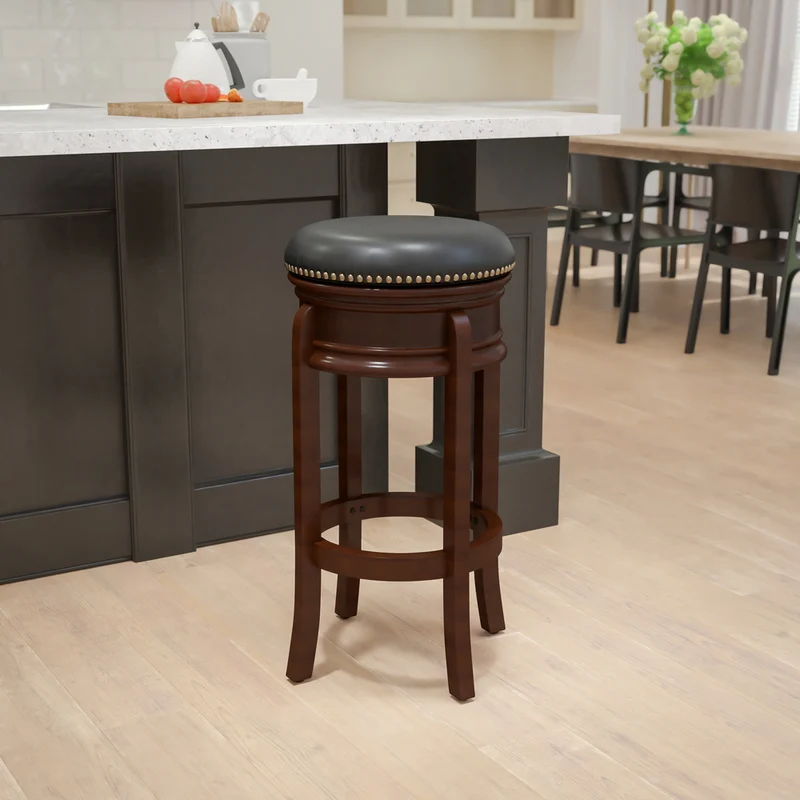 Flash Furniture 29" High Backless Wood Barstool with Carved Apron & Black Leather Swivel Seat - Cappuccino