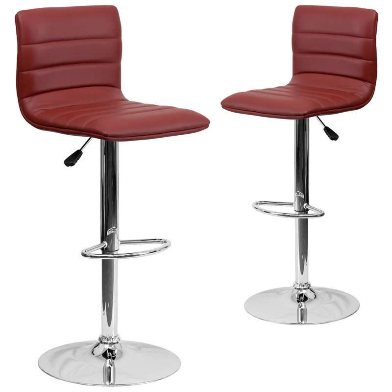 Flash Furniture Contemporary Vinyl Adjustable Height Barstool with Horizontal Stitch Back & Chrome Base - Burgundy - 2 Pack