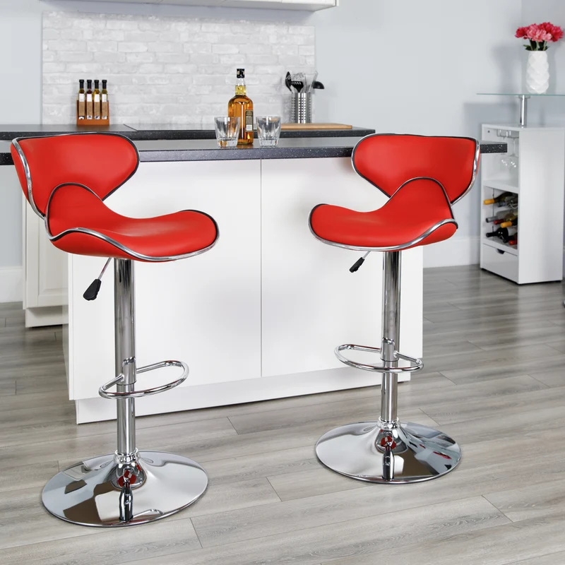 Flash Furniture 17 1/2" x 17 1/2" Cozy Mid-Back Vinyl Adjustable Bar Stool W/Chrome Base, Red, 2 Pack