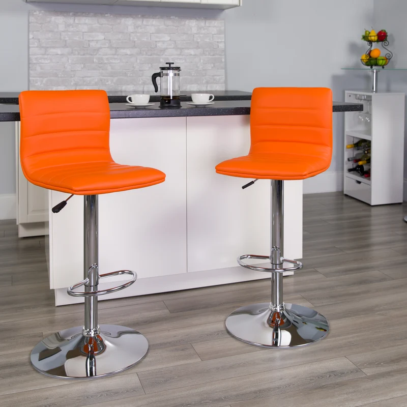 Flash Furniture Contemporary Orange Vinyl Adjustable Height Barstool with Horizontal Stitch Back & Chrome Base - 2 Pack