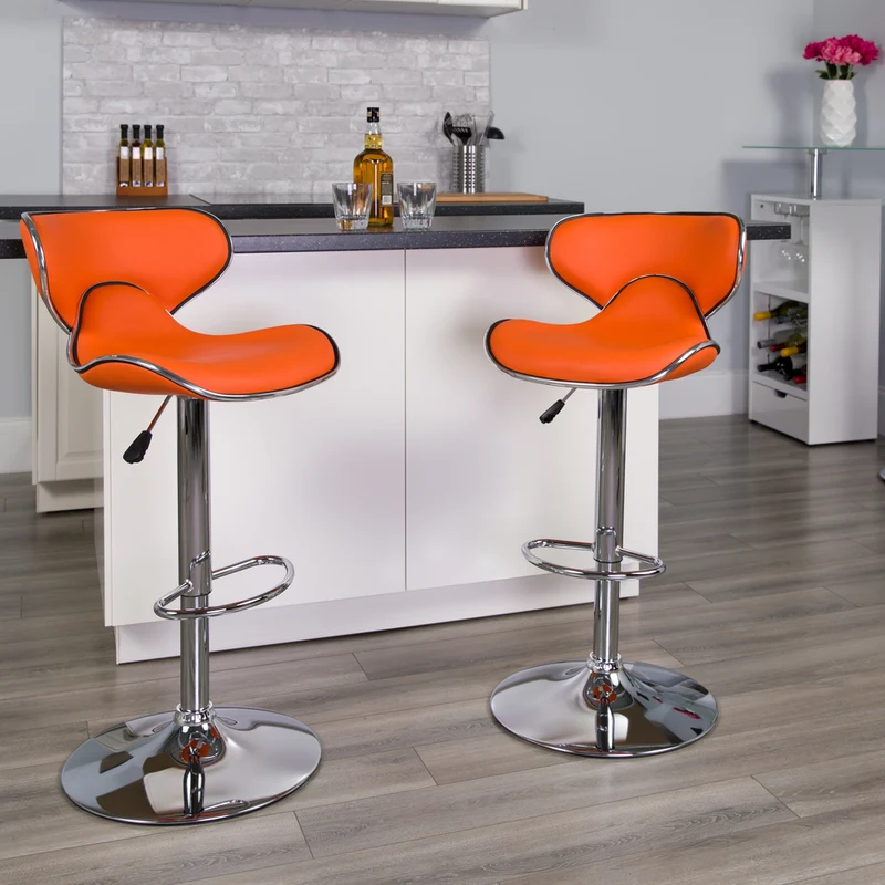 Flash Furniture – Tabouret de bar de 17 1/2 x 17 1/2 po réglable en vinyle à dossier mi-dos confortable, base chromée, orange