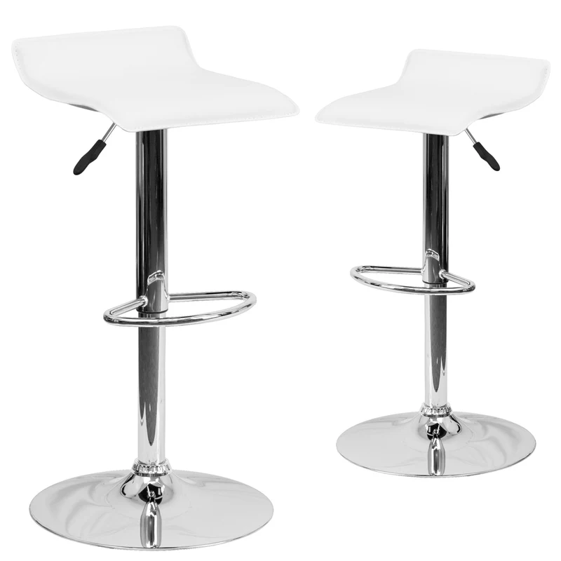 Flash Furniture Contemporary Vinyl Adjustable Height Barstool with Solid Wave Seat & Chrome Base - White - 2 Pack