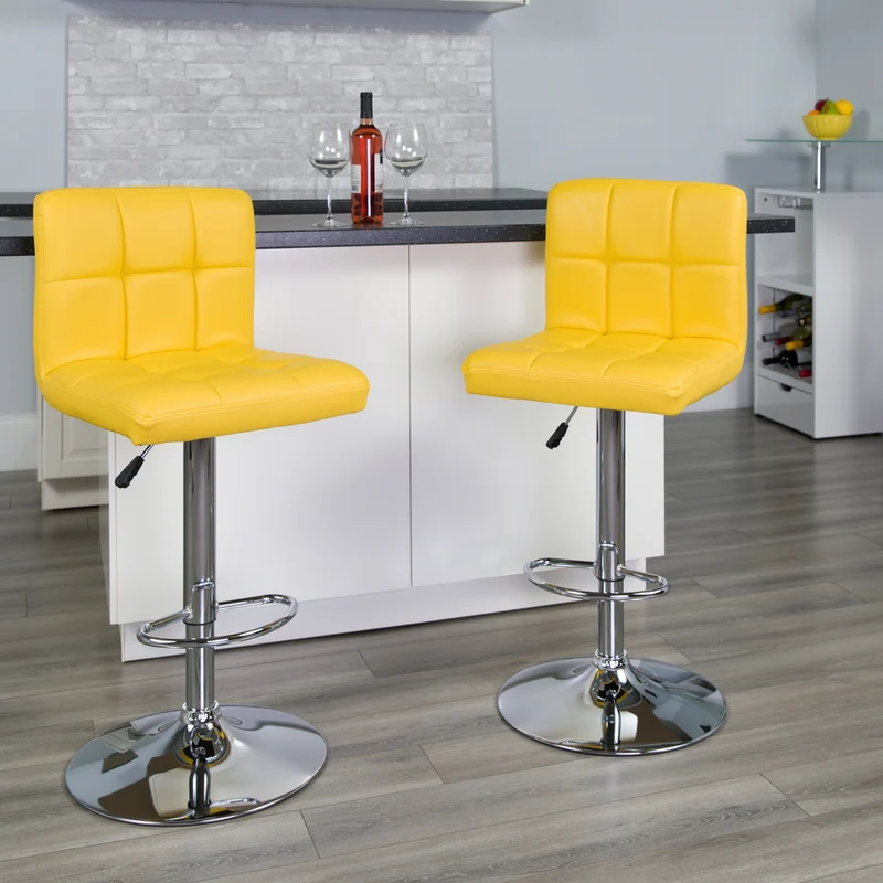 Flash Furniture 17 1/2" x 18" Quilted Vinyl Adjustable Height Bar Stool W/Chrome Base, Yellow, 2 Pack