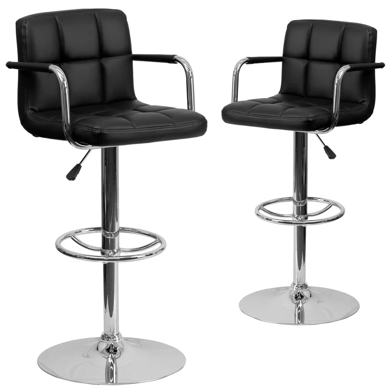 Flash Furniture Contemporary Quilted Vinyl Adjustable Height Barstools with Arms & Chrome Base - Black - 2 Pack
