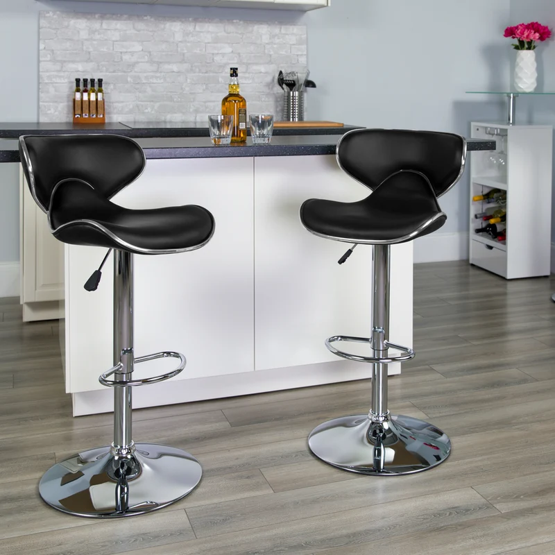 Flash Furniture – Tabouret de bar de 17 1/2 x 17 1/2 po réglable en vinyle à dossier mi-dos confortable avec base chromée, noir