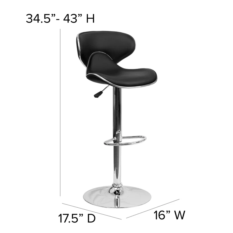 Flash Furniture – Tabouret de bar de 17 1/2 x 17 1/2 po réglable en vinyle à dossier mi-dos confortable avec base chromée, noir