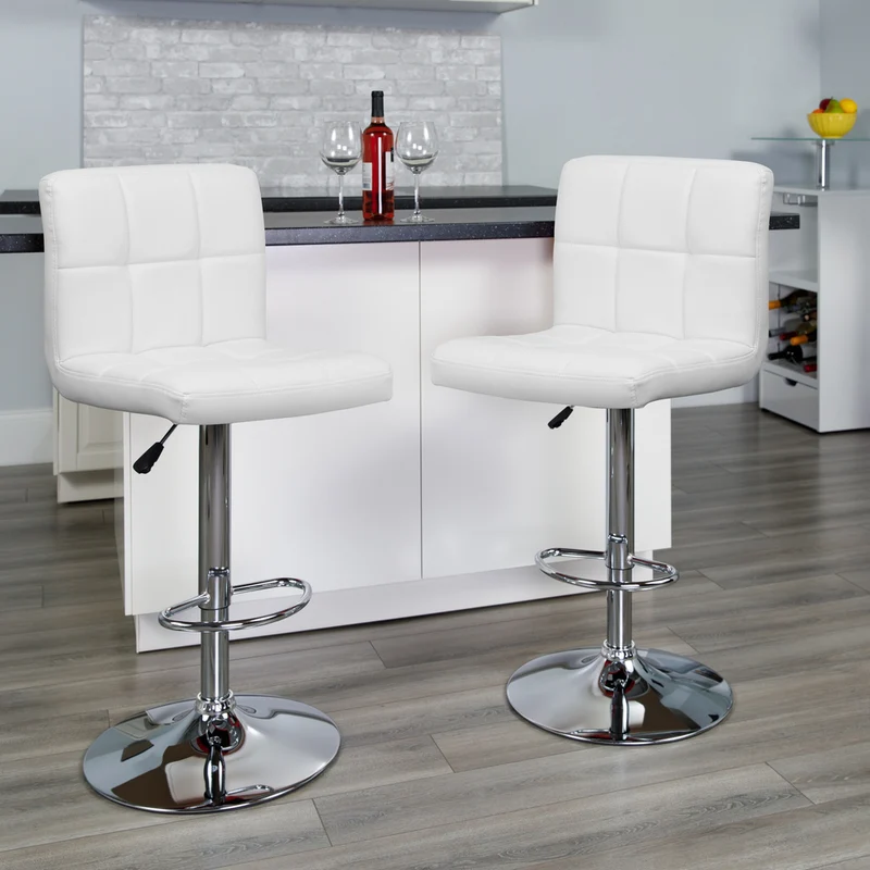 Flash Furniture – Tabouret de bar de 17 1/2 x 18 po en vinyle matelassé avec base chromée, hauteur réglable, blanc