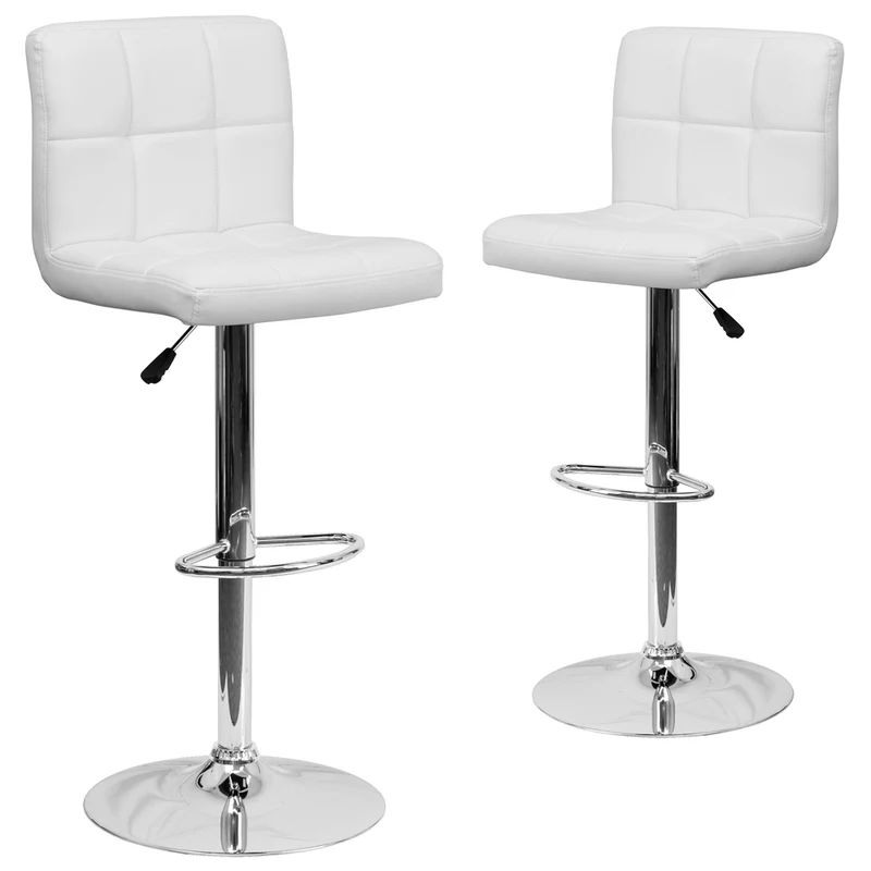 Flash Furniture 17 1/2" x 18" Quilted Vinyl Adjustable Height Bar Stool W/Chrome Base, White, 2 Pack