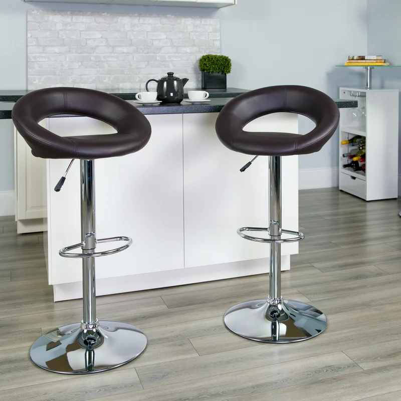 Flash Furniture – Tabouret de bar ajustable en vinyle avec dossier arrondi et base chromée, 21 1/2 x 21 1/2 po, brun