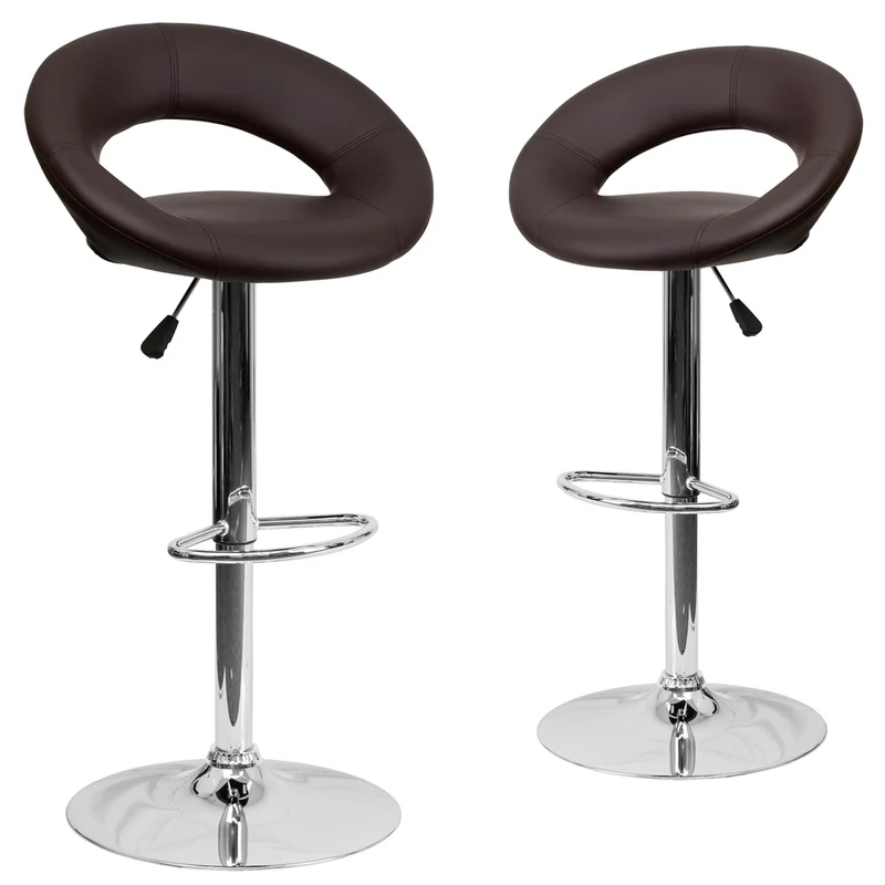 Flash Furniture 21 1/2" x 21 1/2" Vinyl Round Back Adjustable Bar Stool W/Chrome Base, Brown, 2 Pack