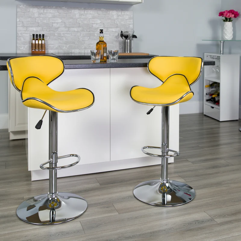 Flash Furniture 17 1/2" x 17 1/2" Cozy Mid-Back Vinyl Adjustable Bar Stool W/Chrome Base, Yellow, 2 Pack