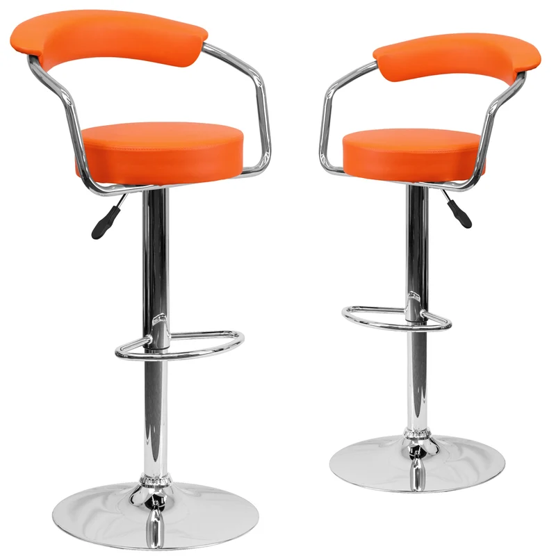 Flash Furniture Contemporary Vinyl Adjustable Height Barstools with Arms & Chrome Base - Orange - 2 Pack