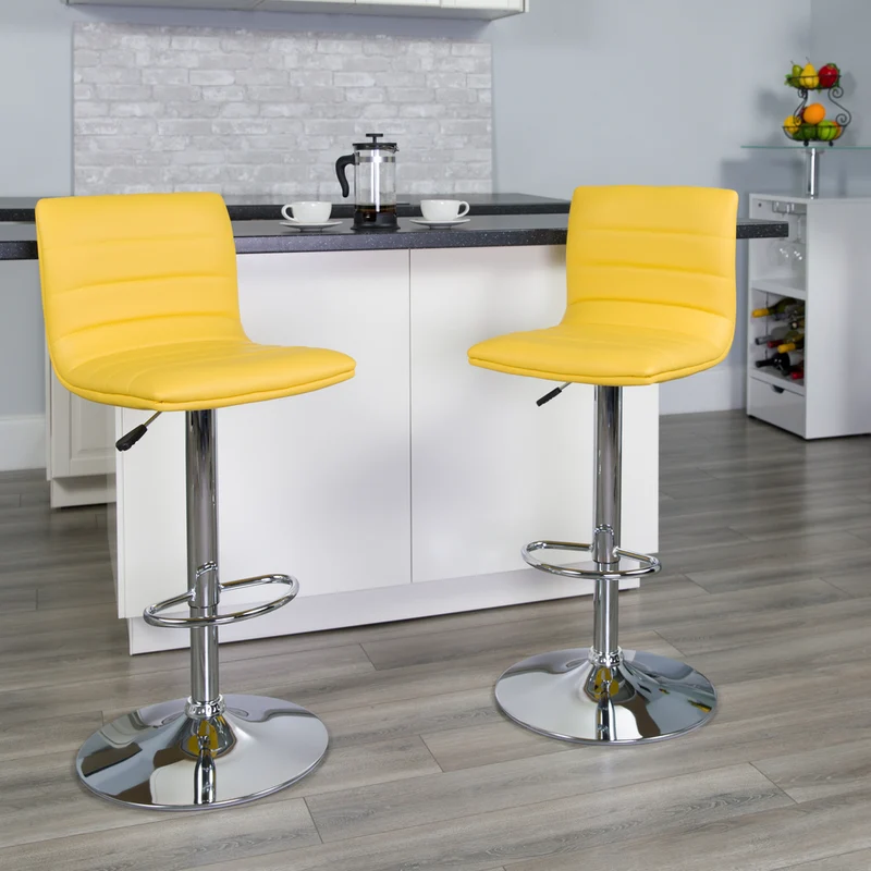 Flash Furniture Contemporary Vinyl Adjustable Height Barstool with Horizontal Stitch Back & Chrome Base - Yellow - 2 Pack