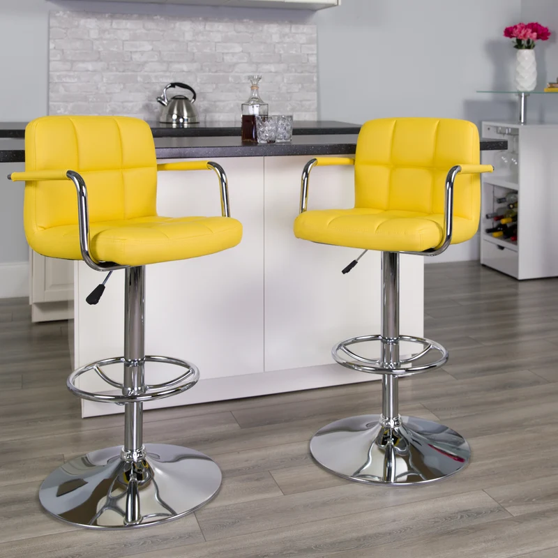 Flash Furniture Contemporary Quilted Vinyl Adjustable Height Barstools with Arms & Chrome Base - Yellow - 2 Pack