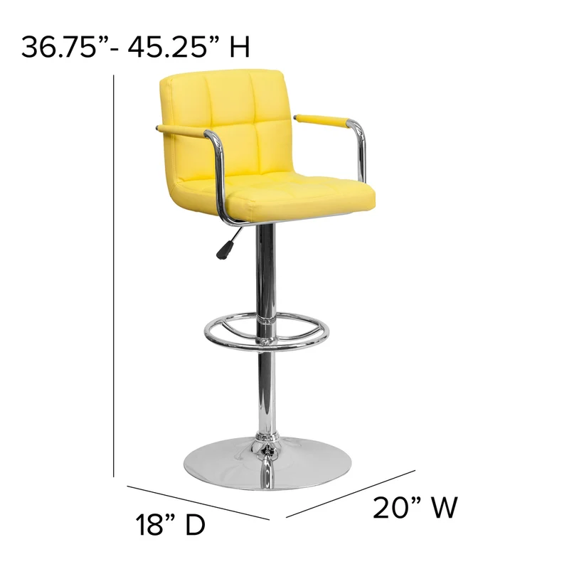 Flash Furniture Contemporary Quilted Vinyl Adjustable Height Barstools with Arms & Chrome Base - Yellow - 2 Pack