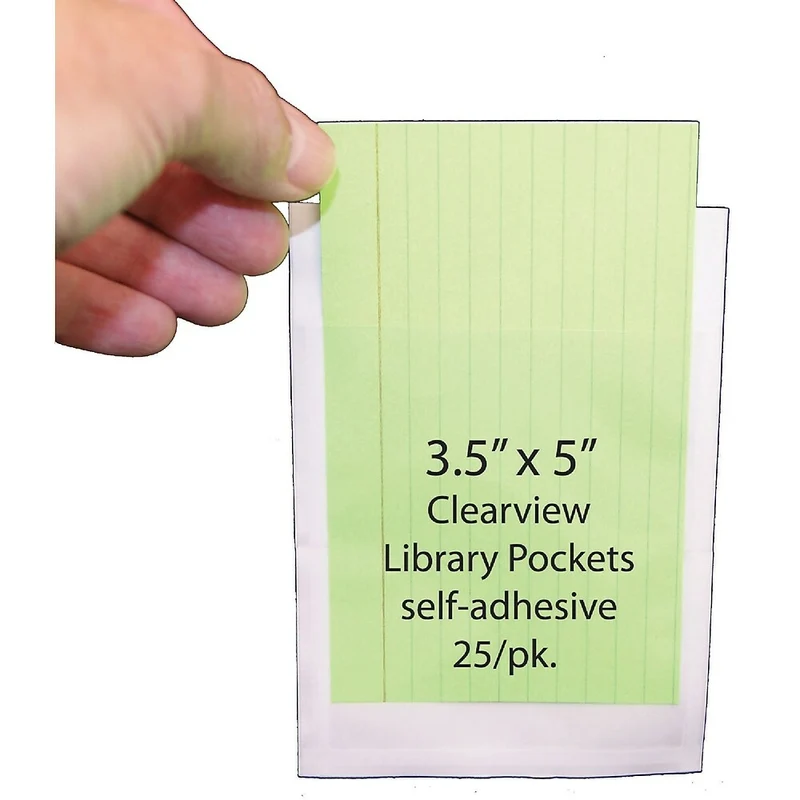 Ashley 3 1/2" x 5" Clear View Self Adhesive Library Pockets, 75 Pack