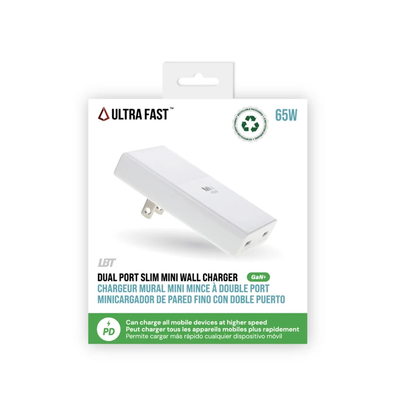 LBT Ultra Fast Mini 65W Dual USB-C ports GaN Slim PD Wall Charger - White