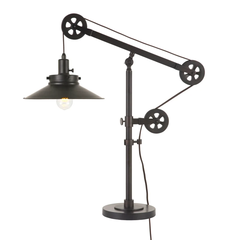 Hudson&Canal - Lampe de table Descartes de 74 cm de haut avec système à poulie et rebord large, avec abat-jour en métal - Bronze noirci/Bronze noirci