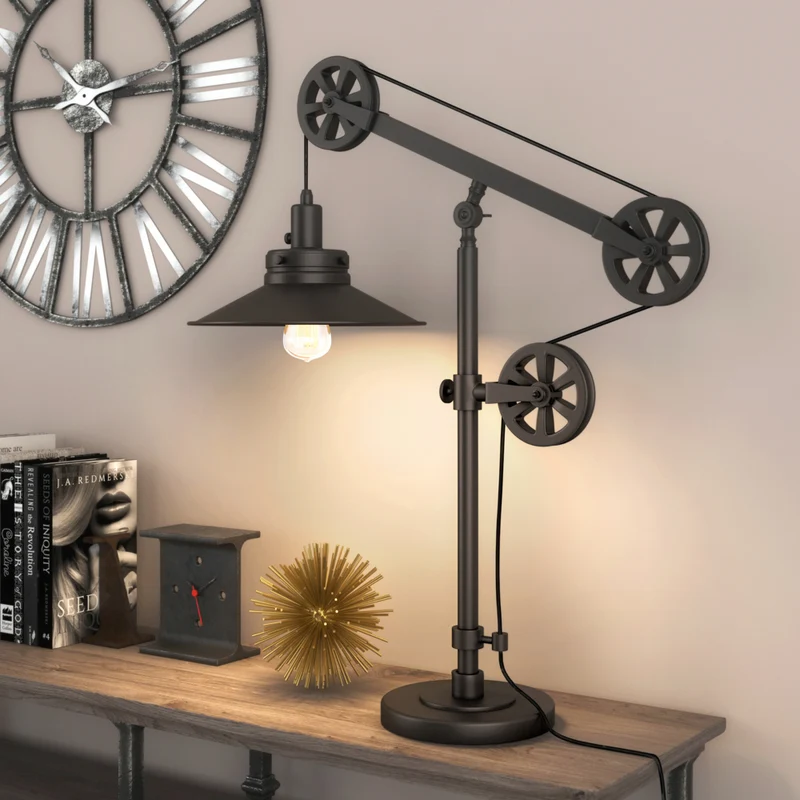 Hudson&Canal - Lampe de table Descartes de 74 cm de haut avec système à poulie et rebord large, avec abat-jour en métal - Bronze noirci/Bronze noirci